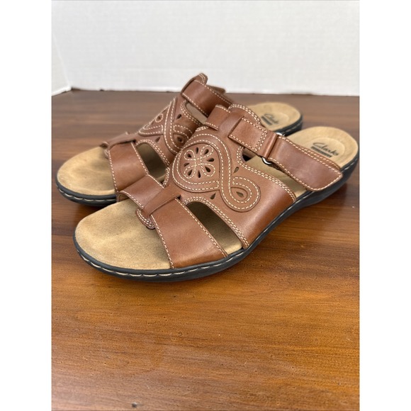 Women's Clark's Leisa Faye Cushion Brown Leather Sandals Slip On Shoes Size 10 - Picture 5 of 10